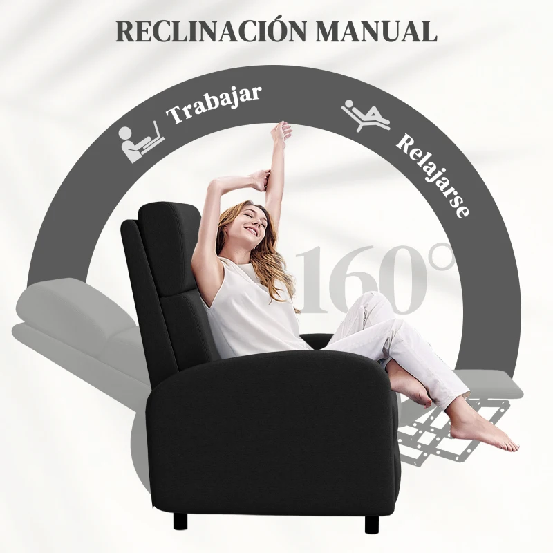 HOMCOM Sillón Relax Reclinable hasta 160° Sofá Reclinable Moderno con Reposapiés Soporta hasta 120 kg 64x86x102 cm Negro