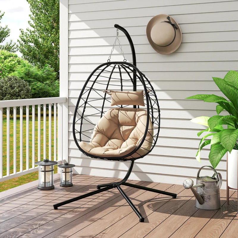 Outsunny Silla Colgante Huevo con Soporte con Cesta Plegable Cojín y Reposacabezas para Interior y Exterior Carga 120 kg Caqui