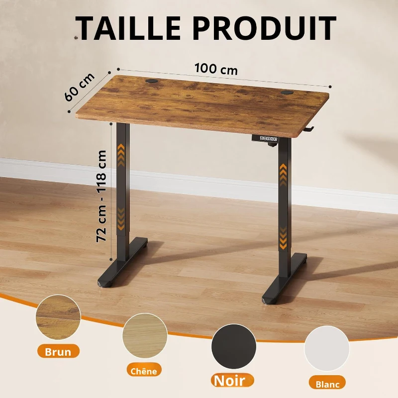 Bureau assis-debout électrique, moteur silencieux, 3 positions mémoire, système anti‑collision, 100×60 cm, 72–118 cm, 100x60x72-118 cm, marron