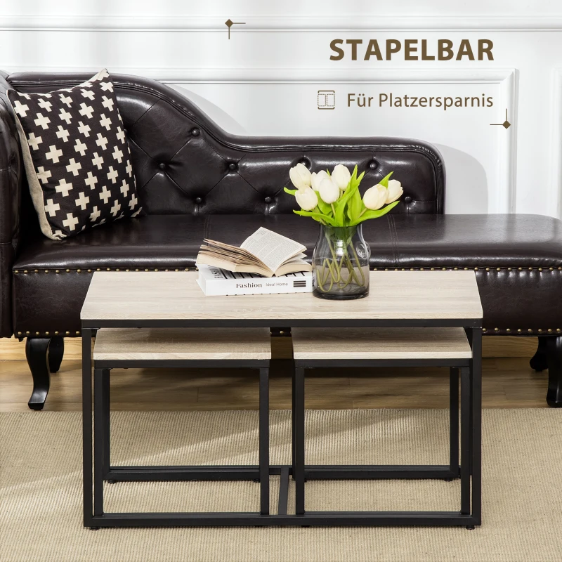 3-delige set bijzettafel salontafel nesttafel koffietafel metalen poot MDF naturel