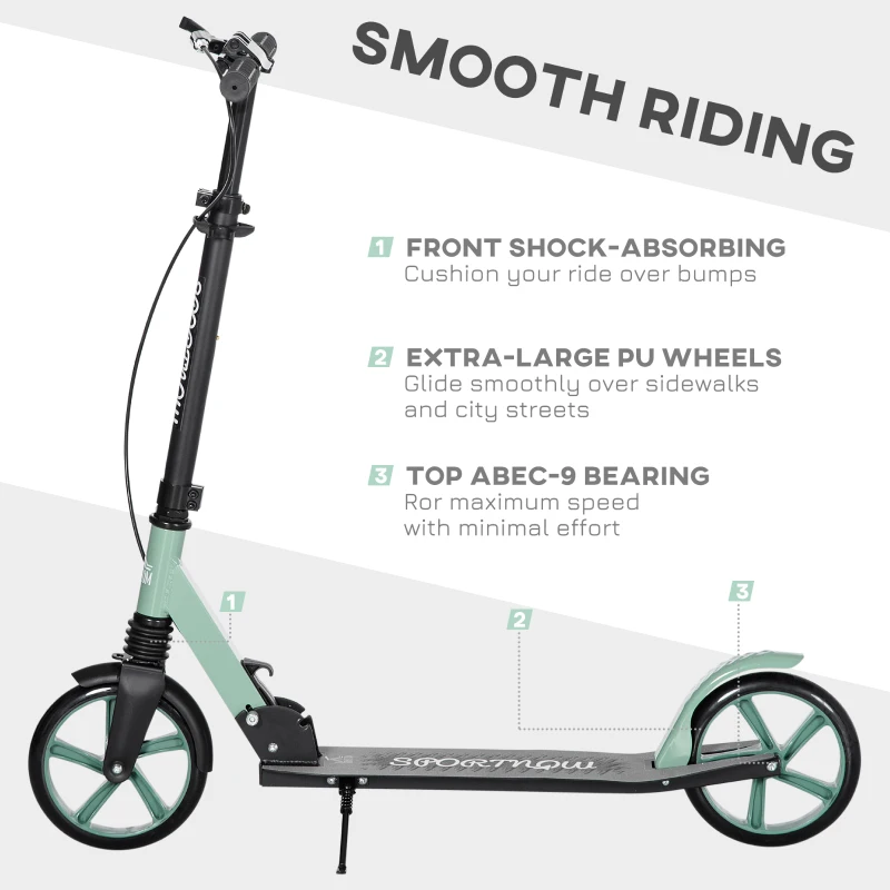 HOMCOM One-click Folding Kick Scooter for 14+ w/ Adjustable Handlebar, Push Scooter with Kickstand, Dual Brake System, Shock Absorber, 200mm Wheels & ABEC-9 Bearings, Green