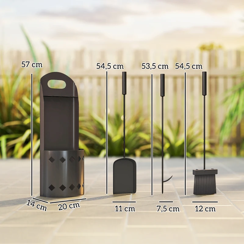 Outsunny Ensemble serviteur de cheminée 4 pièces, accessoire outils cheminee avec balai pelle tisonnier et support, en métal noir