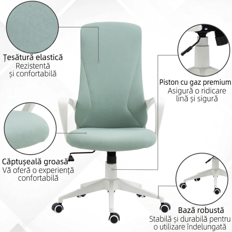 Vinsetto Scaun de Birou Ergonomic și Căptușit cu Înălțime Reglabilă și Funcție de Balansare, 62x56x110-119.5 cm, Verde