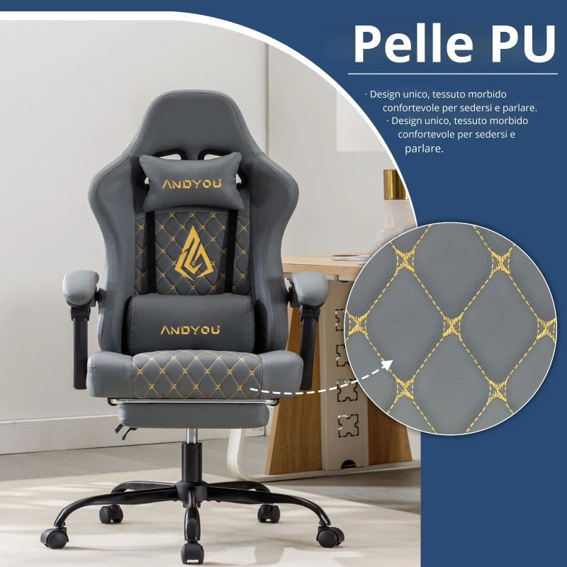 Sedia da gaming con poggiapiedi, morbido cuscino per collo e lombare, cuscini di supporto rimovibili, 60x60x122 cm, Grigio