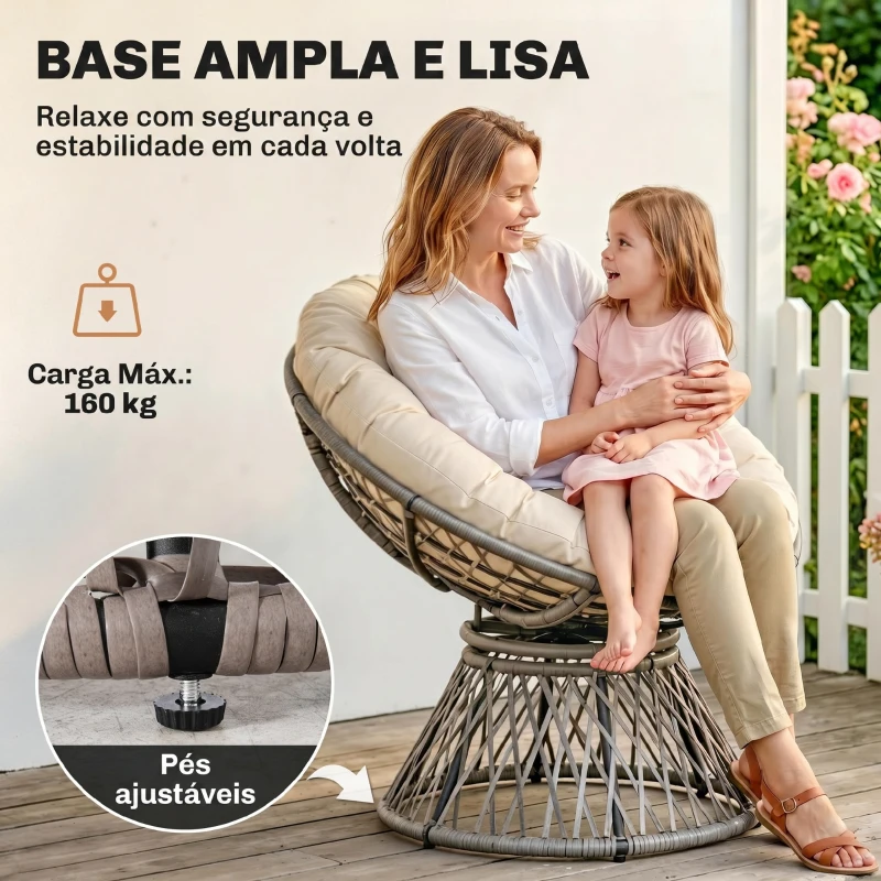 Outsunny Poltrona Papasan Giratória de Vime Sintético com Almofada e Estrutura de Aço para Jardim Pátio 87x97x90 cm Cinza e Creme