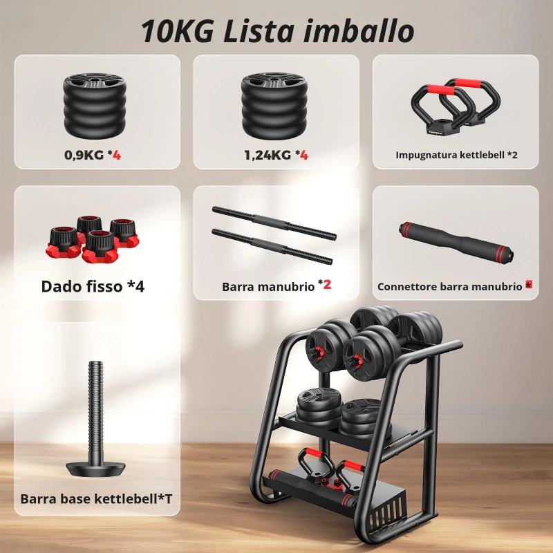 Set di manubri regolabili 5‑in‑1, set da 2, assorbente agli urti, che protegge il pavimento, antiruggine e inodore, 40,5x30,5x16 cm, Nero