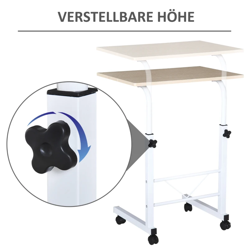 HOMCOM bijzettafel in hoogte verstelbare salontafel verrijdbaar bureau met wielen parkeerremmen C-vormige tafel spaanplaat staal ijzer kunststof wit esdoorn 60 x 40 x 68-78 cm