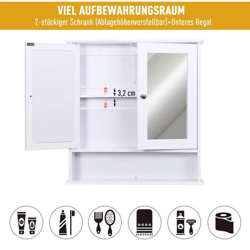 kleankin spiegelkast, wandkast met 3 opbergvakken, make-upkast, MDF, wit, 56 x 13 x 58 cm