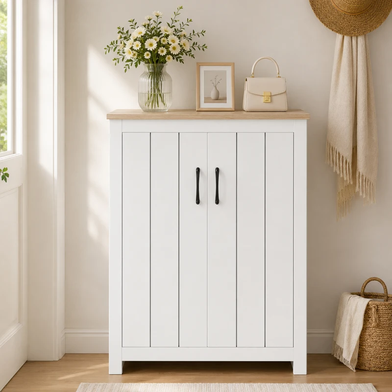 HOMCOM Sapateira 4 Níveis 12 Pares Armário para Sapatos 2 Portas e Prateleiras Ajustáveis 80x32,8x105 cm Carvalho e Branco