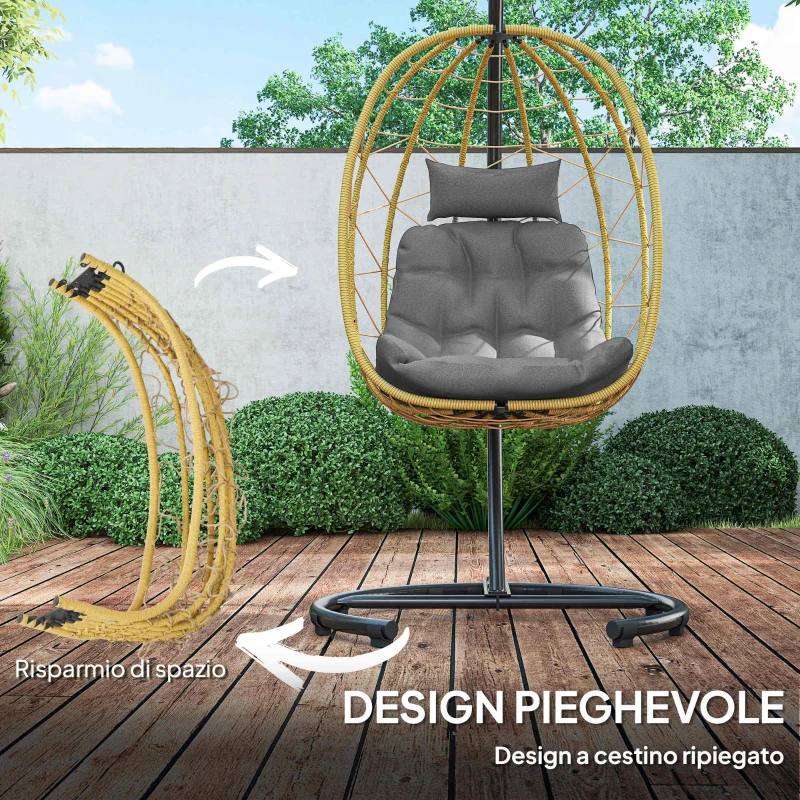 Outsunny Poltrona Sospesa e Pieghevole con Cuscini, in Acciaio e Rattan PE, 102x102x195 cm, Nera Grigia e Beige