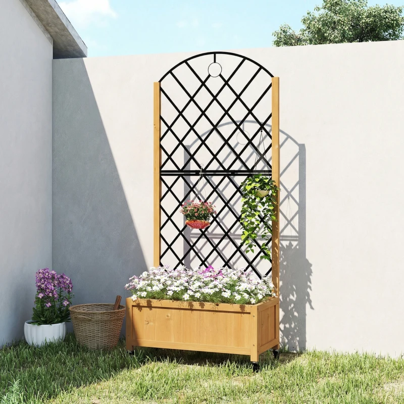 Outsunny Verhoogde plantenbak met metalen gaas, houten plantenbak op wielen, outdoor plantenbak, bruin