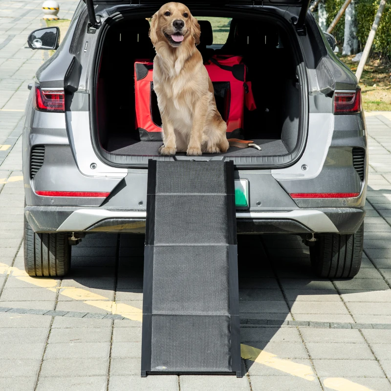 PawHut Rampa Plegable para Perros de Aluminio con Superficie Antideslizante Asa y Gancho Carga 80 kg  158x43,5x2,5 cm Negro