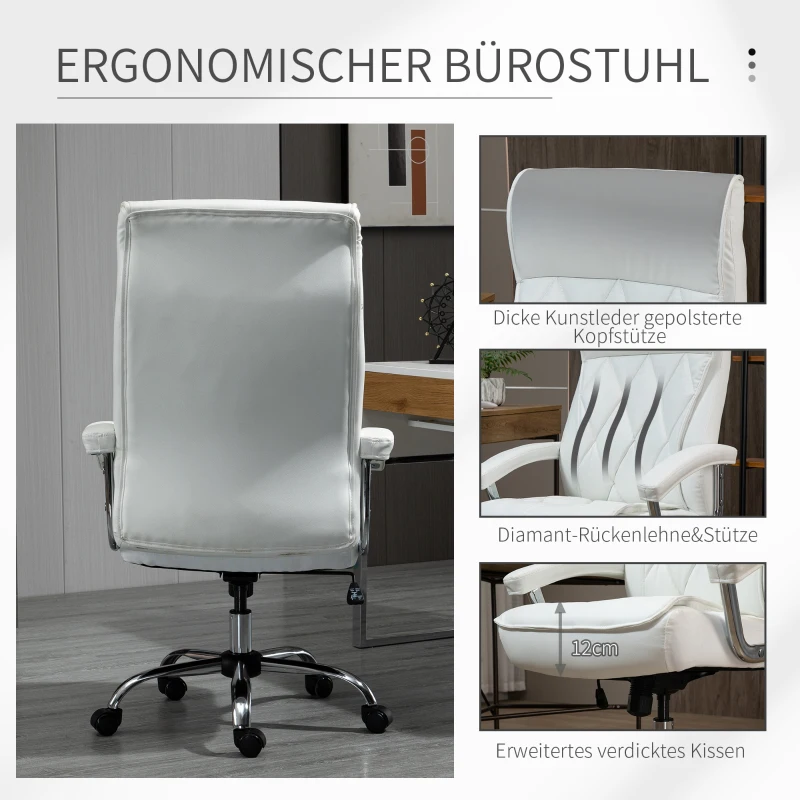 Vinsetto bureaustoel kantoorstoel gaming stoel draaistoel ergonomisch met wipfunctie in hoogte verstelbaar ruitpatroon modern elegant luxe PU leer metaal schuim wit 66x69x121 cm