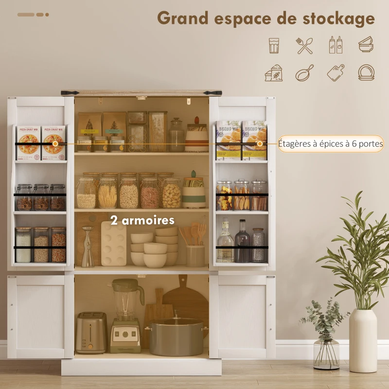 HOMCOM Buffet de cuisine, armoire de cuisine avec 4 portes, 6 porte-épices et étagères réglables, 76,3 x 40 x 136 cm, blanc