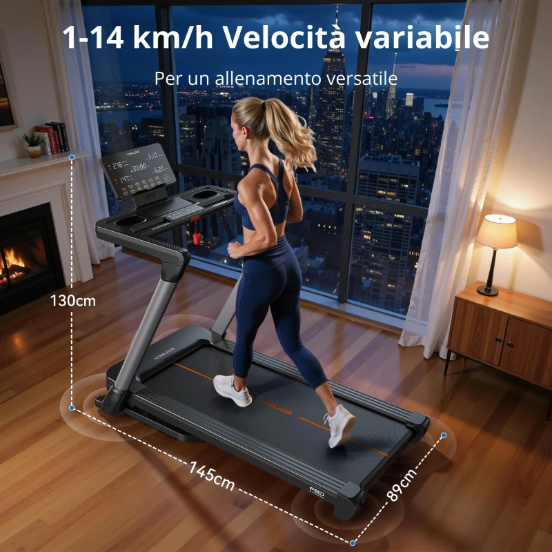 Tapis roulant pieghevole, sistema di chiusura pneumatico azionabile con una sola mano, 4 cuscini elastici, 145x89x130 cm, Nero
