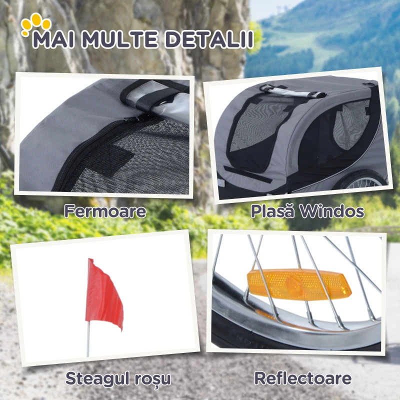 PawHut Remorcă pentru bicicletă pentru câini de talie medie, cu ferestre laterale și steguleț, 130x73x90 cm, gri și negru