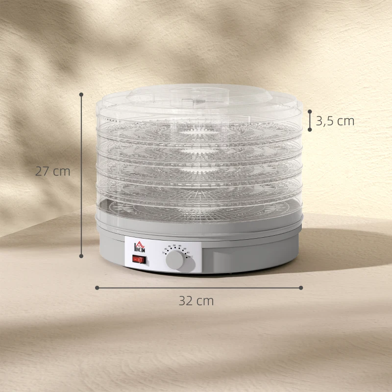HOMCOM 5-laags voedseldehydrator, 245W droogoven met instelbare temperatuurregeling, Grijs