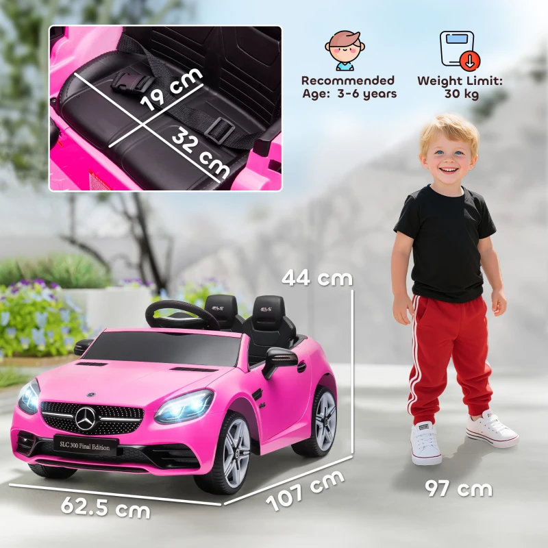 HOMCOM Benz SLC 300  Licensed 12V Kids Electric Ride On, with Music, Remote Control, LED Headlights, Horn, Pink