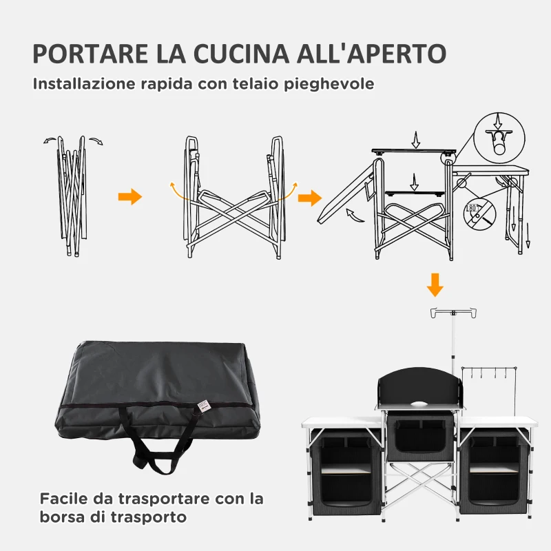 Outsunny Cucina da Campeggio Pieghevole a 3 Piani con 5 Ripiani Interni e 4 Ganci, 172x48x130 cm, Nero
