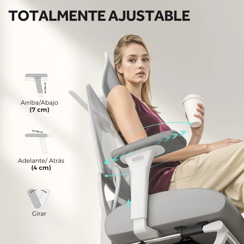HOMCOM Silla de Escritorio de Malla Reclinable con Reposacabezas Giratoria Soporte Lumbar Reposapiés y Altura Regulable Gris