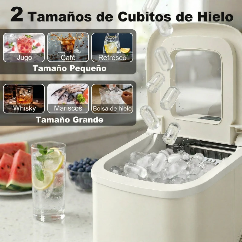 HOMCOM Máquina de Hielo Autolimpiable 12 kg/24H 9 Cubitos Listos en 7 Minutos 2 Tamaños de Hielo 1,2L Depósito Beige