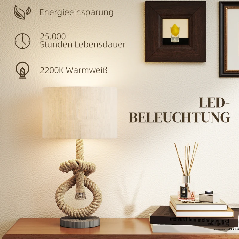 HOMCOM Tafellamp in Maritieme Stijl met USB-Oplaadpoort, Warm, Touwdecor, 30x30x55 cm