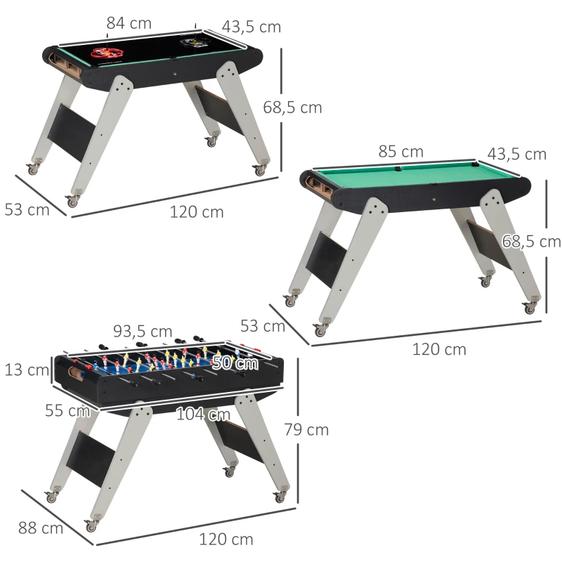 HOMCOM Mesa Multijuegos 6en1 para Niños de +7 Años con Ruedas Billar Futbolín Ping-Pong Anillas Hockey 120x88x79cm Negro