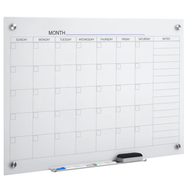 Vinsetto kalenderbord glasplaat met 4 glasclip markers gum aluminium pennenhouder magneetbord voor maandplanning magnetische weekplanner planbord wit 90 x 60 x 0,2 cm