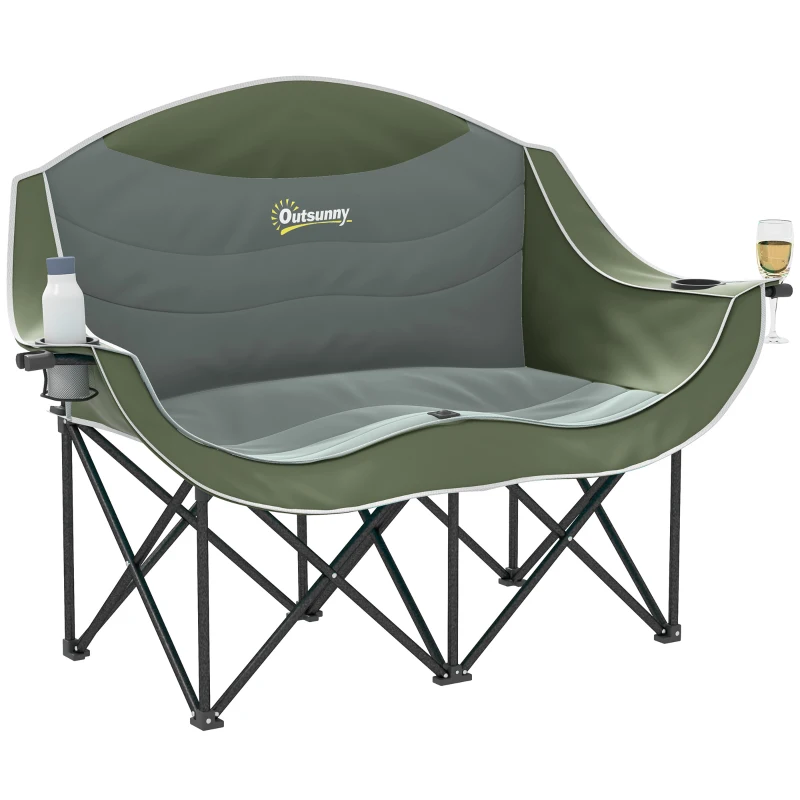 Outsunny Opvouwbare Dubbele Campingstoel – Tot 250 kg Belastbaar – Groen – Met Bekerhouder