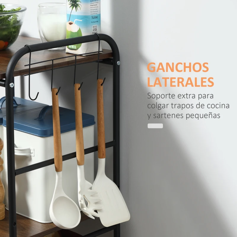 HOMCOM Carrito Auxiliar de Almacenaje con 2 Estantes 2 Cestas Extraíbles y 4 Ganchos 40x38x111 cm Nogal y Negro