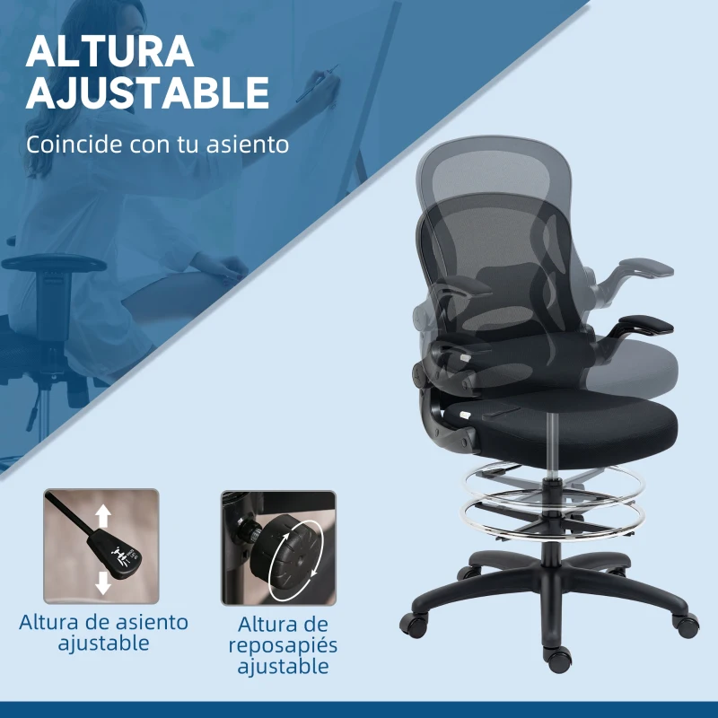 Vinsetto Silla de Dibujo Giratoria con Soporte Lumbar Reposapiés Ajustable y Reposabrazos Abatibles 59x65x102-122 cm Negro