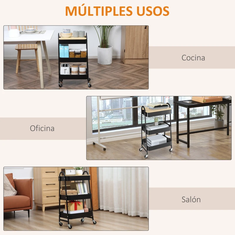 HOMCOM Carrito de Cocina con 3 Cestas de Acero y 1 Placa de Cubierta para Comedor Sala Baño 45x31x79,4 cm Negro