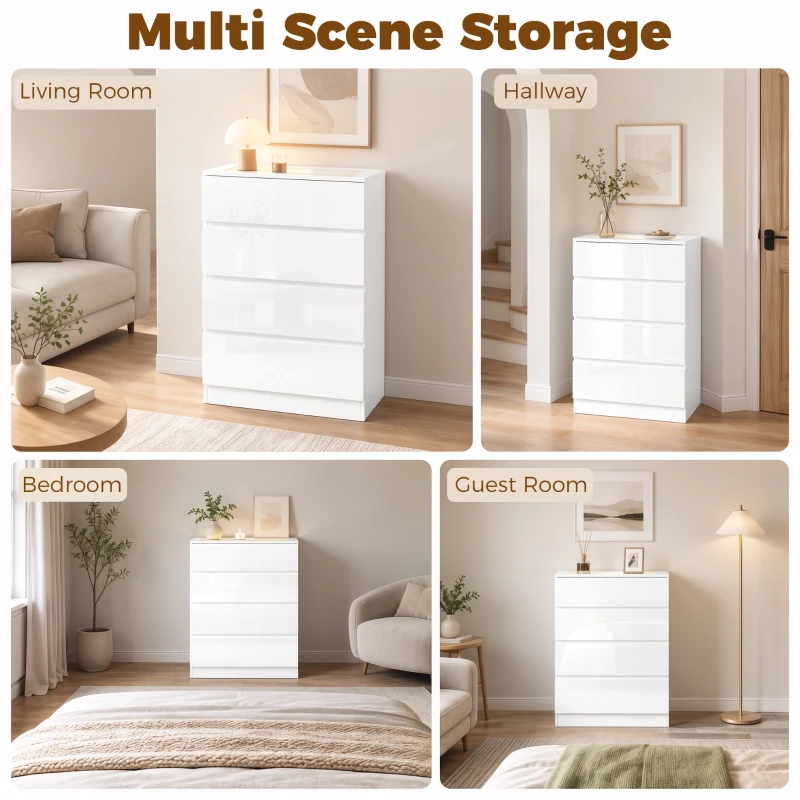HOMCOM High Gloss 4 Drawer Chest of Drawers with Glass Top and RGB LED Lights, Dresser with Jewelry Organizer, APP Control