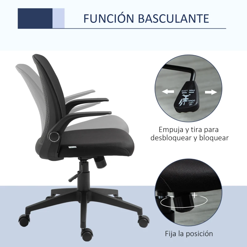Vinsetto Silla de Oficina Ergonómica Silla Escritorio Giratoria para Adolescentes Ajustable en Altura con Reposabrazos Abatible Soporte Lumbar y Respaldo Transpirable Ligera 57x61x93-102 cm Negro