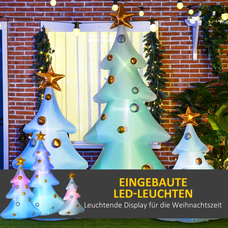 HOMCOM Set van 3 opblaasbare kerstbomen, inclusief blazer, voor binnen en buiten, inclusief bevestigingsmateriaal, wit+goud