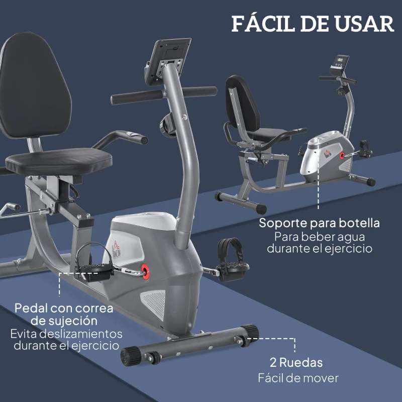 HOMCOM Bicicleta Estática con Respaldo, 8 Niveles Resistencia Magnética, Bicicleta Estática para Casa, con Volante, Asiento Ajustable, Monitor LCD, Pulsómetro, Soporte de Teléfono y Ruedas, Gris