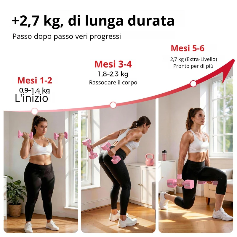 Set manubri regolabili 5‑in‑1 (2 pezzi), Dual‑Lock, impugnatura morbida in TPU, 29,5x24,5x13 cm, Rosa