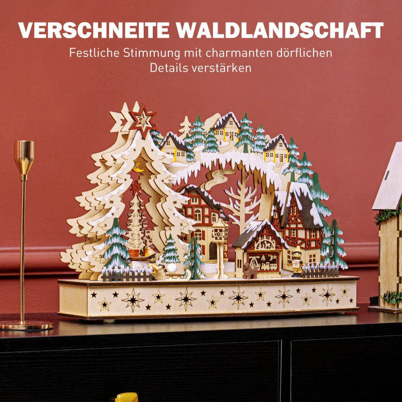 HOMCOM Kerstdorp in Winterwonderland, 20 LED-Lichten, Meerlaags, Natuurhout, 45 x 12 x 30 cm
