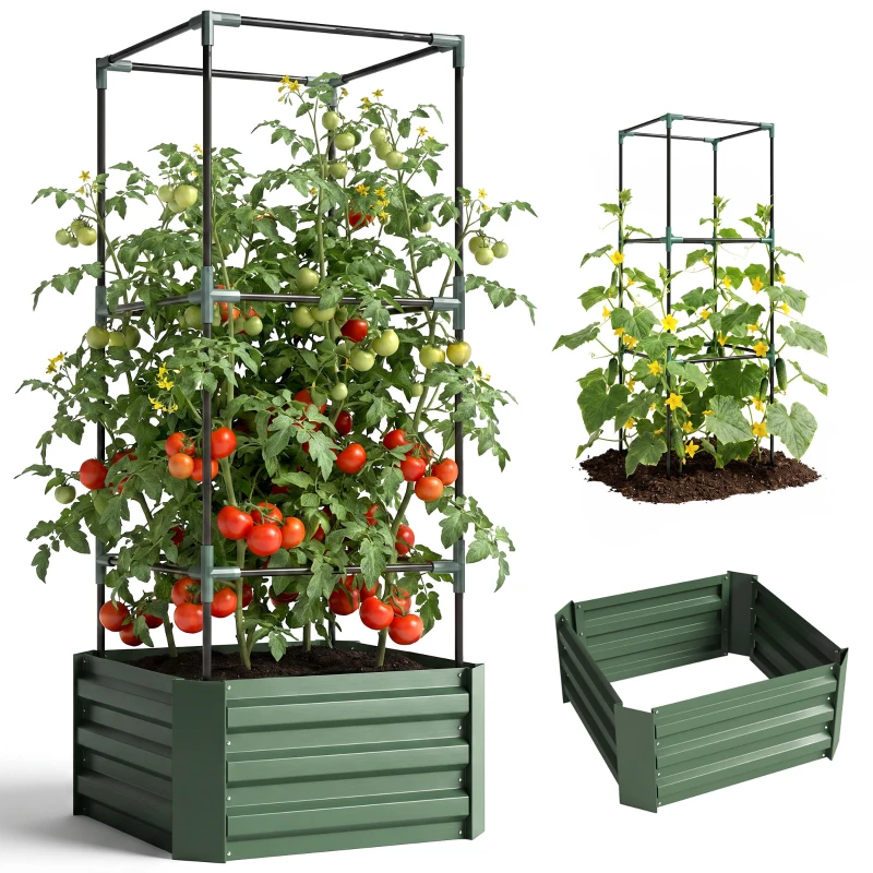 Outsunny Verhoogde plantenbak met klimrek, plantenbak met klimsteun, open bodem, weerbestendig, 61 cm x 61 cm x 140 cm, groen