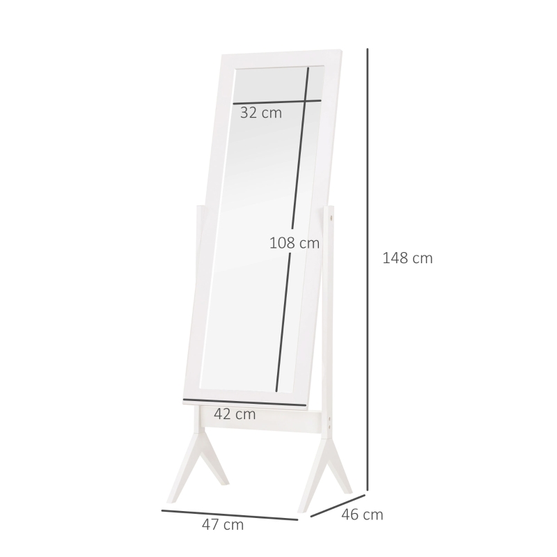 HOMCOM Oglindă de dimensiuni mari cu 4 picioare și unghi reglabil, din lemn și sticlă, 47x46x148 cm, Alb