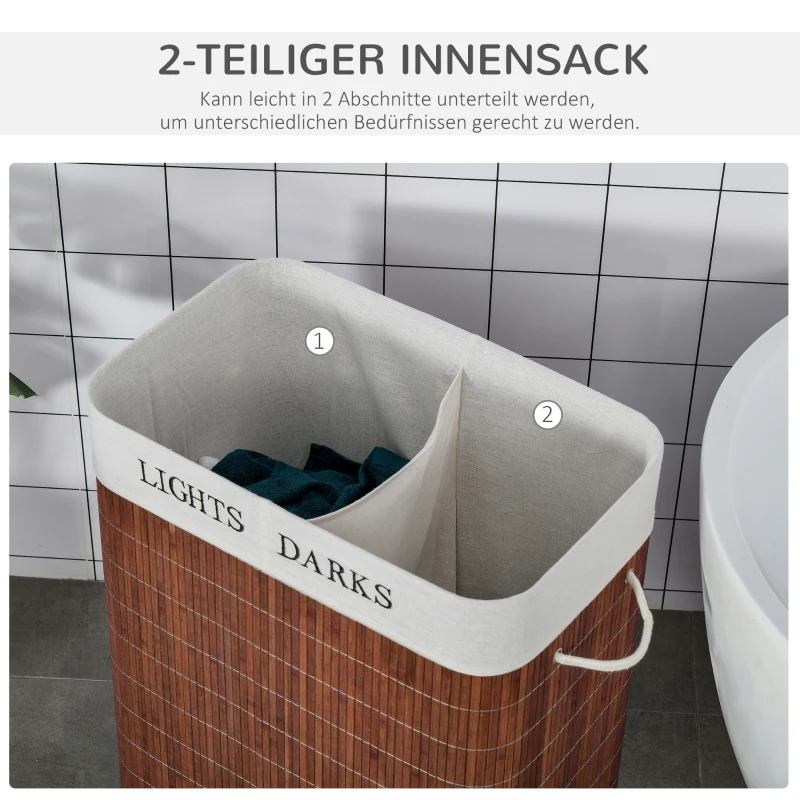 HOMCOM 100L wasmand wasbox wasmand met 3 handvatten afneembaar bamboe polyester katoen metaal bruin + wit 52 x 32 x 63 cm