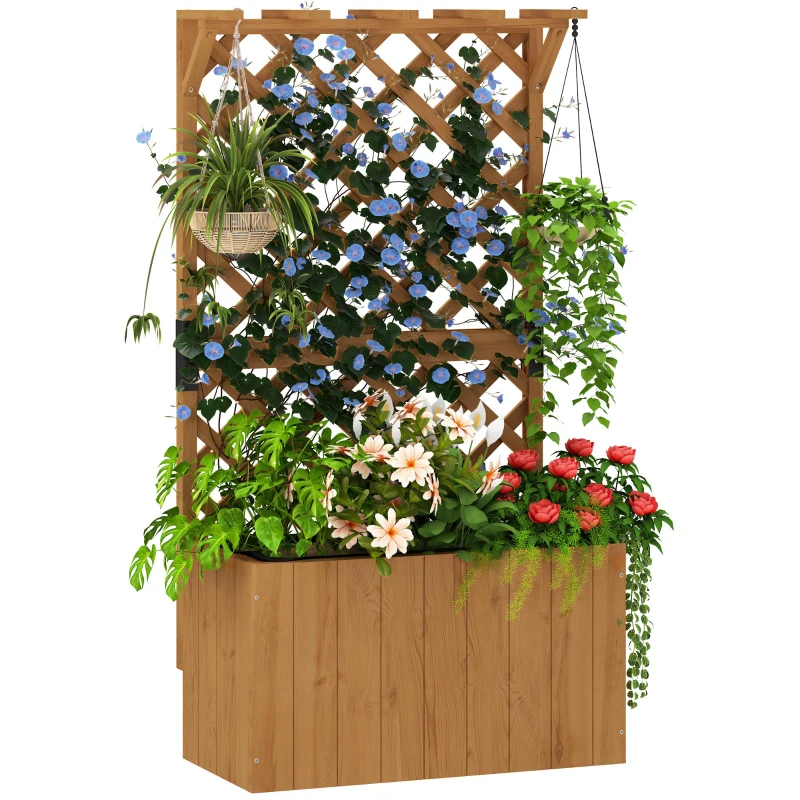 Outsunny Verhoogd Bloembed Plantenbak met Klimrek, Spalier Plantenbak Bloembak Hout, Tuinspalier 64 x 33 x 122cm Natuurlijk Hout