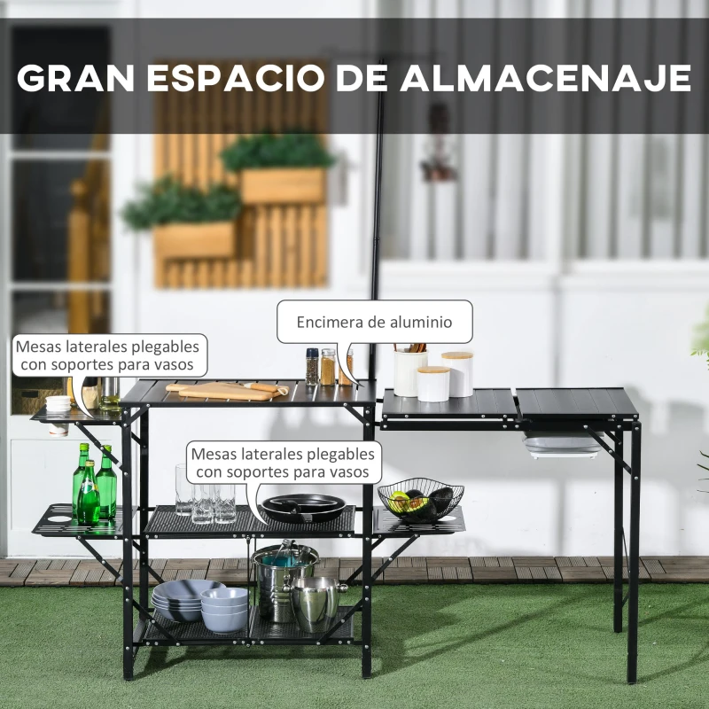 Outsunny Mesa de Camping Plegable con Fregadero Soporte para Lámpara y Estantes para Barbacoas Picnics y Viajes 173x52x80-174cm