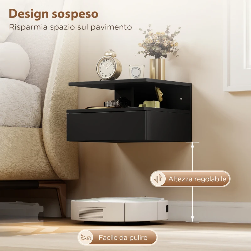 HOMCOM Set da 2 Comodini Sospesi per Camera da Letto con Cassetto e Mensola Superiore in Legno 35x32x22.5cm
