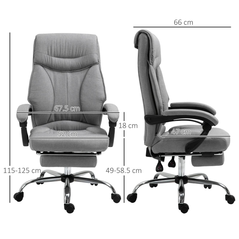 Vinsetto Sedia da Ufficio Ergonomica Girevole, Sedia da Scrivania con Rotelle, Poggiapiedi Retrattile e Reclinabile 135°, Altezza Regolabile, Grigio