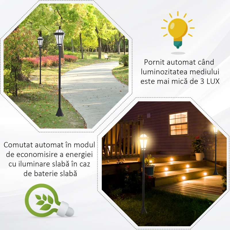 Outsunny Set 2 Felinare Solare pentru Grădină cu 2 LED-uri și Aprindere Automată, Negru