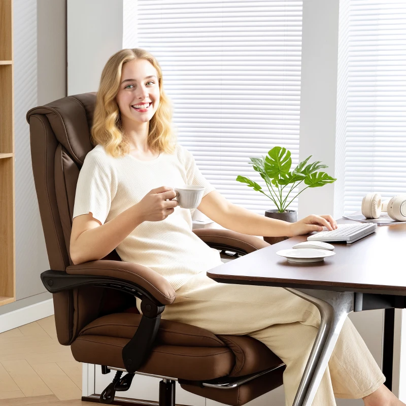 HOMCOM Silla de Escritorio con Reposapiés Respaldo Reclinable Acolchado Grueso Tapizada en Cuero Sintético Marrón