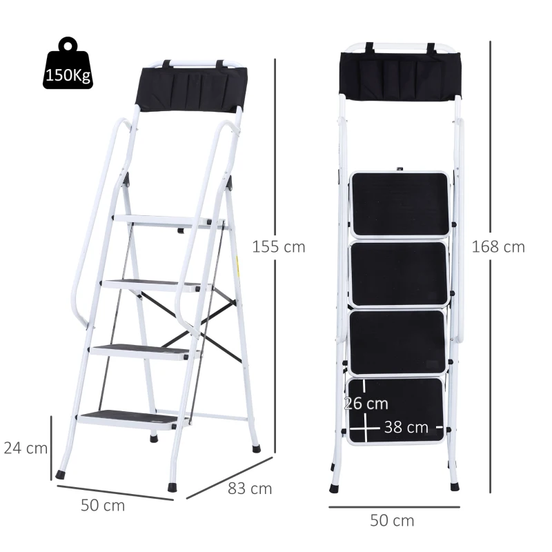 HOMCOM Opvouwbare huishoudtrap met gereedschapshouder, leuning, 50 x 83 x 155 cm, zwart + zilver