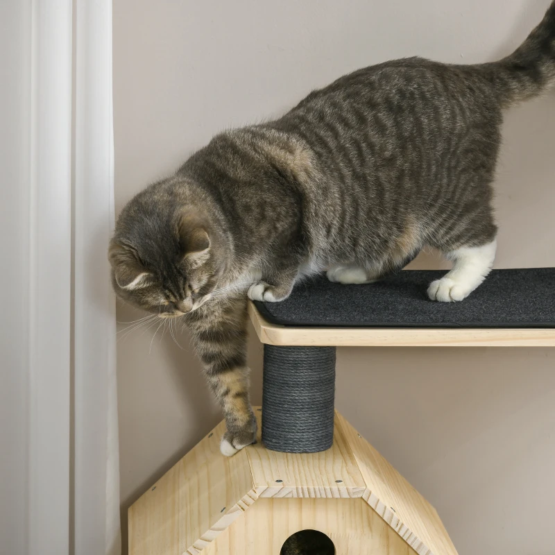 PawHut Kattenboom met loopwiel krabpaal met 4 verdiepingen kattenhuis met sisalpalen massief hout