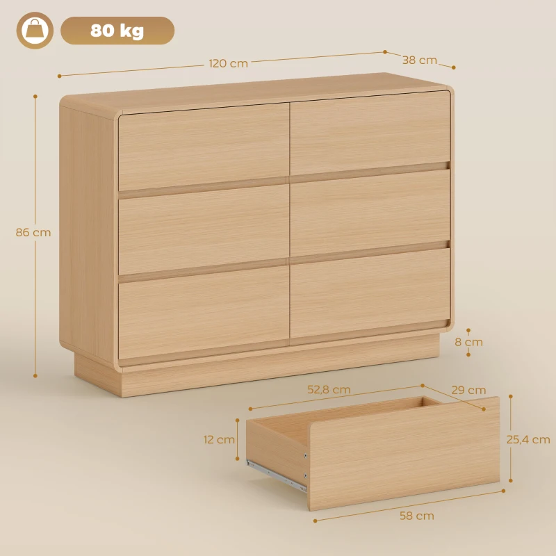 HOMCOM Cómoda con 6 Cajones Bordes Redondeados para Salón Cocina Entrada Oficina 120x38x86 cm Natural
